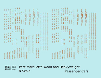 K4 N Scale Decals Pere Marquette Heavyweight Passenger Car Bronze Gold