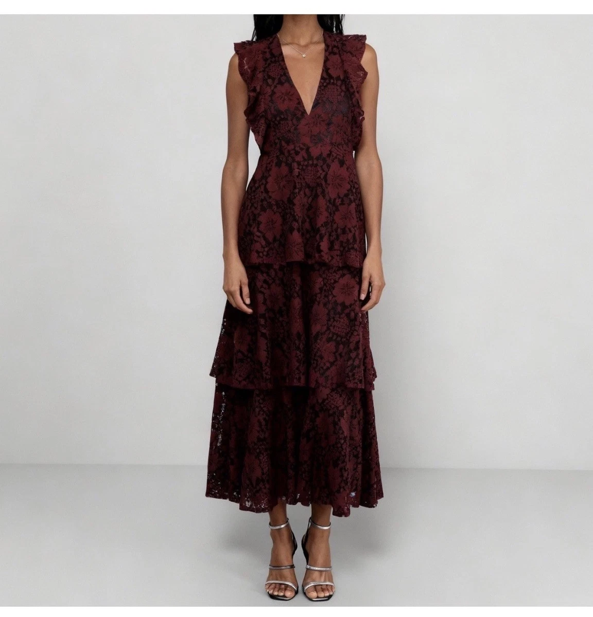 molinetto burgundy lace ruffled tiered sleeveless maxi dress Lulus Dresses for Women for sale Color:Cameo_Brown spring break outfits Red Kanye & Kim's Wedding 30% Nylon