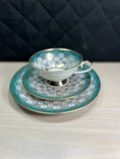 3 pc Rudolph Wachter RW Teal Gold Tea Cup, Saucer, Plate Bavaria Germany Stars