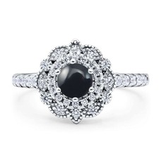 Floral Round Natural Black Onyx Halo Wedding Engagement Ring 925 Sterling Silver