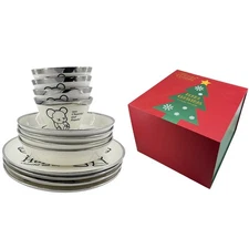 Cartoon Gloomy Bear 12-Piece Dinnerware Set, White Ceramic Plates & Bowls for 4