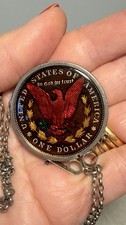 Vintage Enamelled 1921 Morgan Dollar Coin Pendant Silver Mount & Chain