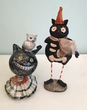2 Primitive style Halloween figurines glittery Black bobblehead & cat