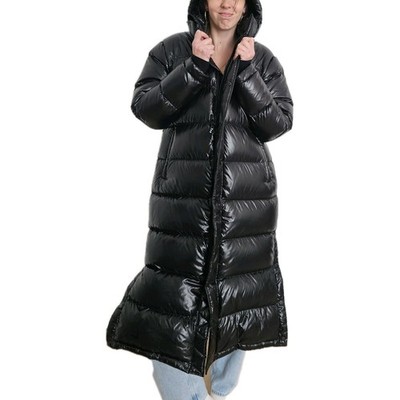 TNA The Super Puff schwarze lange gefütterte Jacke Damen Kapuze Größe Medium 700 Glanz