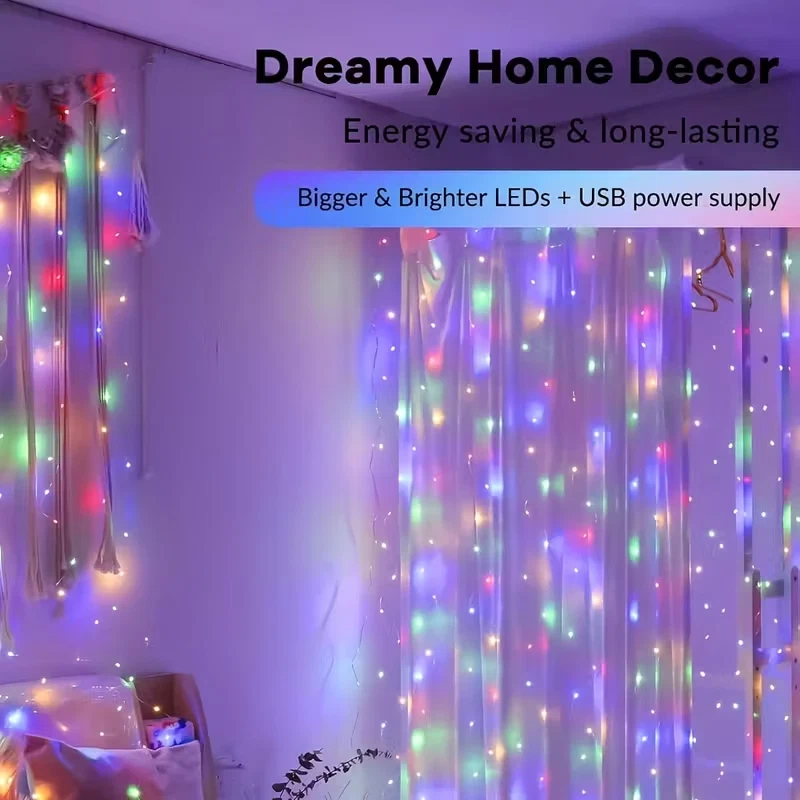 300 LED Christmas Multi-Coloured Fairy Curtain Lights USB Plug-In | Indoor - Image 3 of 4
