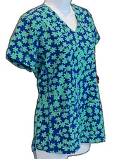 NWT Divine Stretch Blue Green Teal Floral V-Neck 3-Pocket Scrub Top SZ Small S