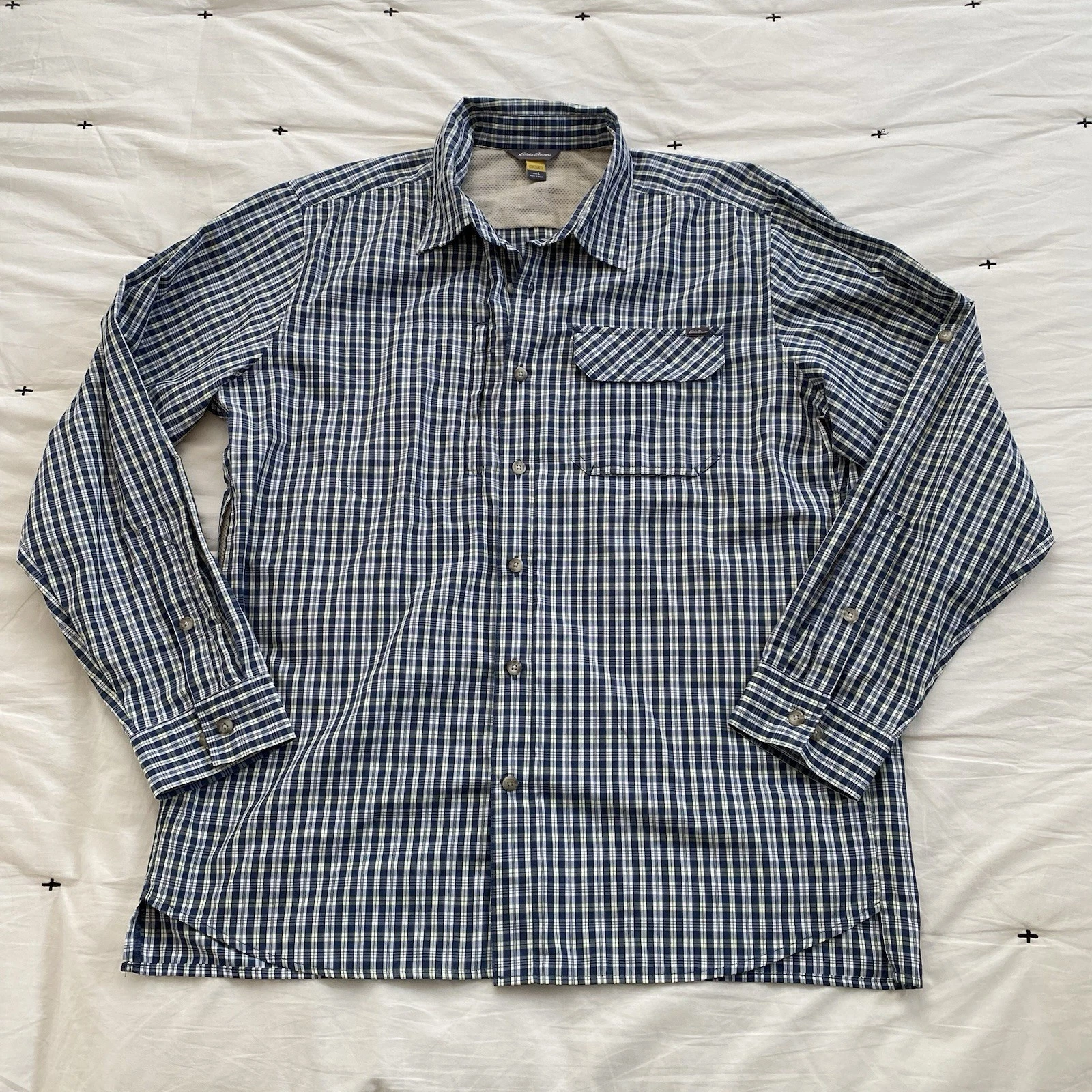 Eddie Bauer Travex Shirt Mens L Navy Gray Yellow Plaid Outdoor Hiking travel