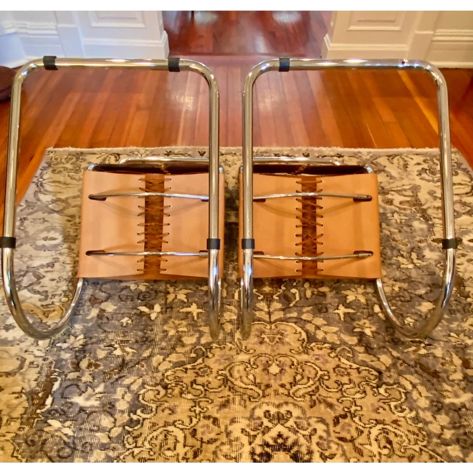 Par de sillas Mies van der Rohe MR10 cuero Knoll cromado mediados de siglo modernas Foto 4 de 4