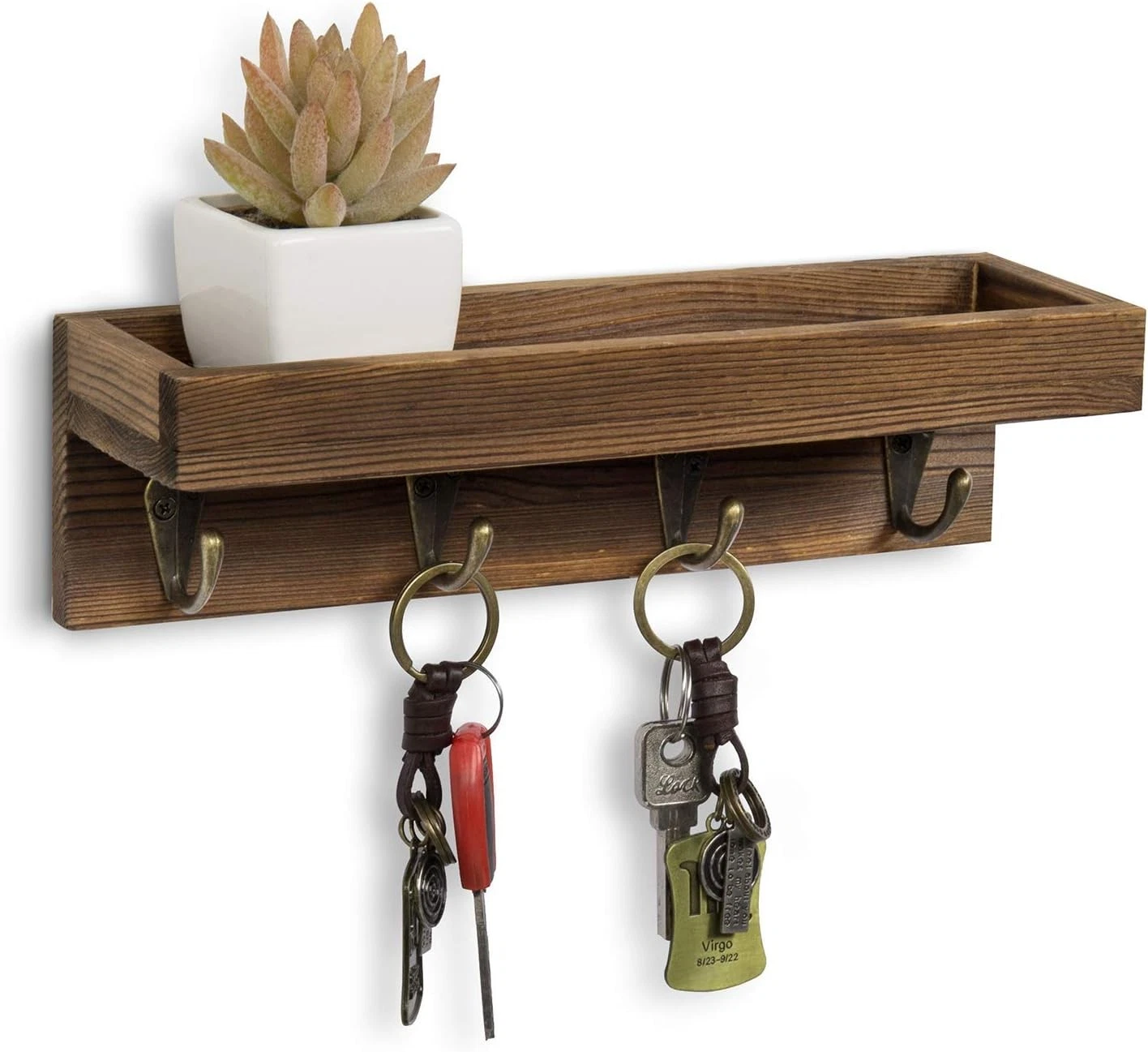 10 Inch Floating Wall Shelf W/ Hooks Dark Brown Wood Entryway Storage Shelf