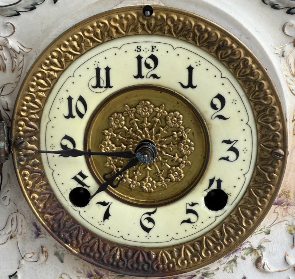 Антикварные фарфоровые мантийные часы Ansonia 1895 - 1905 гг. - РАБОТАЮТ ХОРОШО - СМ. ВИДЕО - Изображение 3 из 4