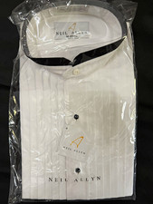 Neil Allyn M 34/35 White Solid Pleated Tuxedo Shirt with Black Collar