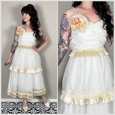 Vintage 1970s Ivory and Peach Chiffon Tiered Prom Dress - 24" Waist