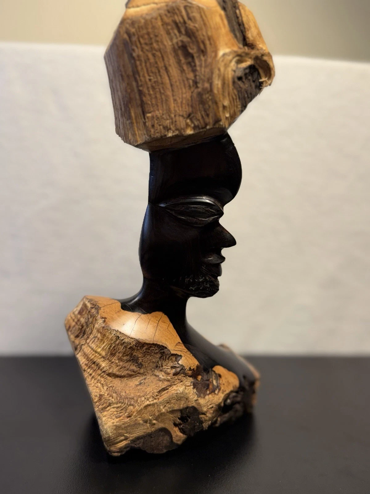 Vintage Makonde Style Two-Tone Ebony Wood African Bust Carving Head Statue Art