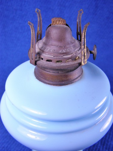 Antique Blown Blue Opaque Glass GLASS Kerosene / Oil Lamp w/ Burner - Picture 4 of 5