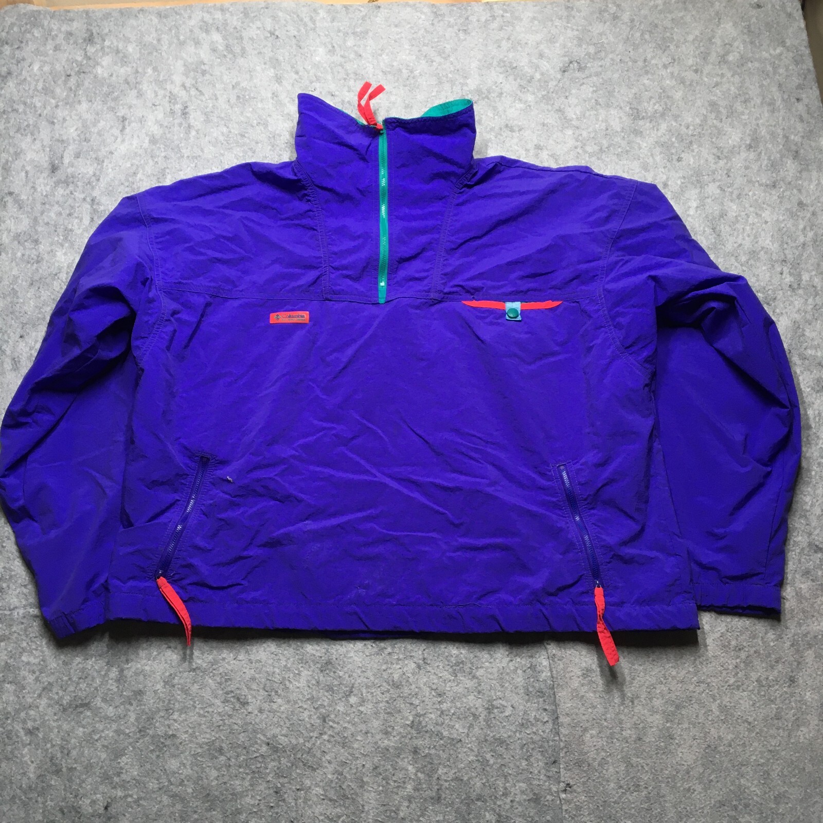 Vintage Columbia Radial Sleeve Neon Windbreaker Mens XL Purple 80s Mock Neck