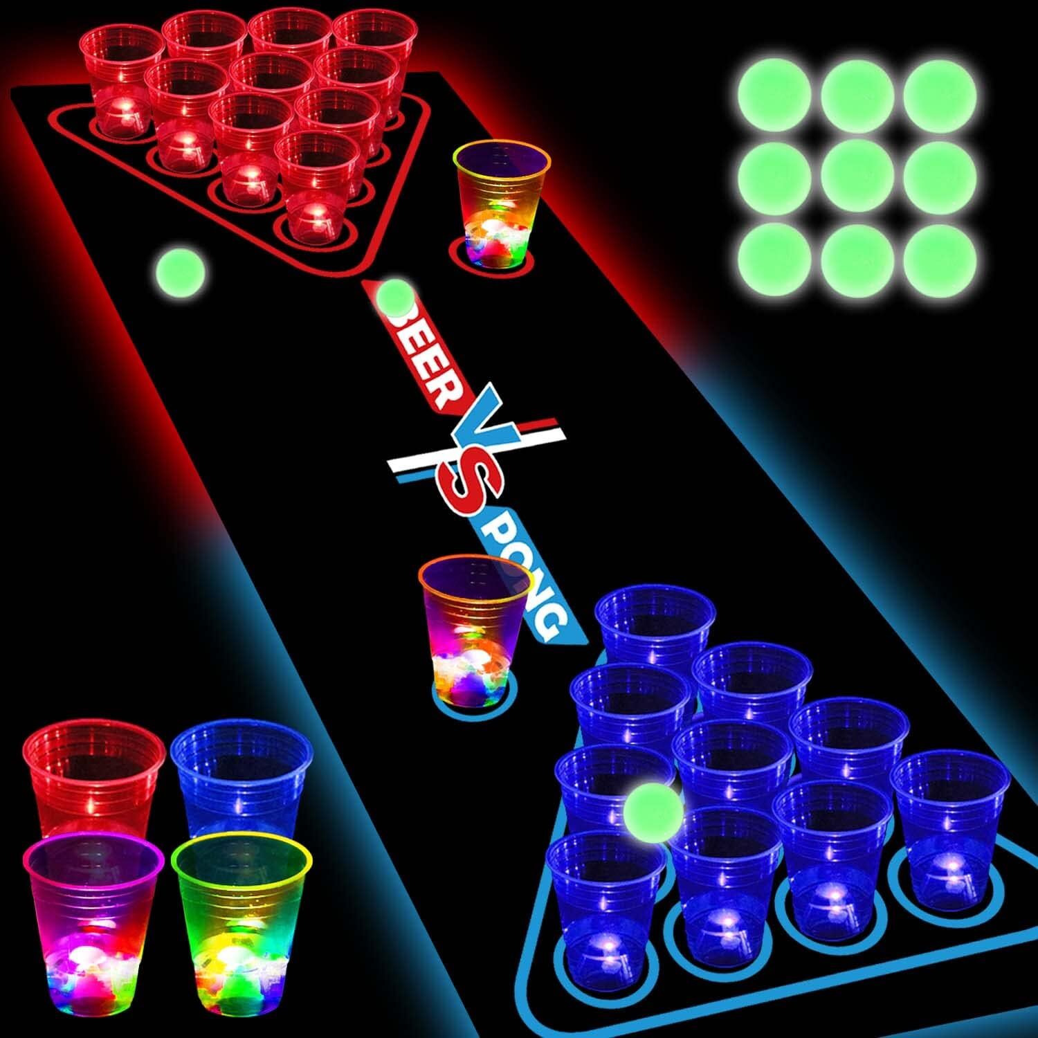 Glowing Beer Pong Table Mat for Drinking Game Light Up Plastic Cups and... 