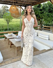 ZARA ECRU CREAM CROCHET CUT OUT V-NECK LONG MAXI DRESS SIZE M 12 14 UK 2712/325