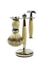 Golddachs 3pc Chrome Shaving Set, Razor, Badger Brush, Ivory colored Stand