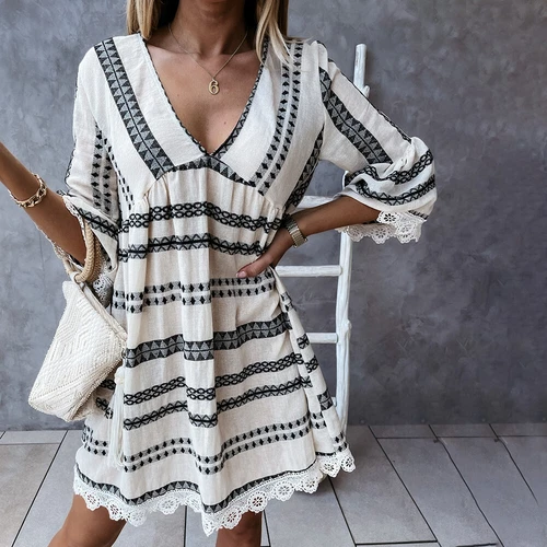 Ladies Holiday Boho Print V Neck Beach Sundress Women Floral Summer Midi Dress - Picture 13 of 17