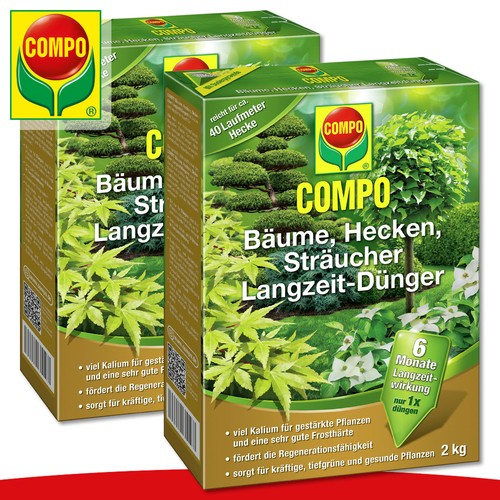 Compo 2 x 2kg Trees, Hedges, Shrubs Long Term Fertiliser Frost Hardiness Green