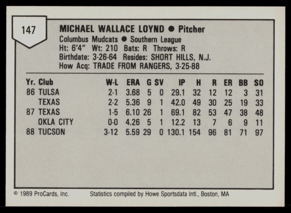 1989 ProCards Mike Loynd Columbus Mudcats - Image 2 of 2