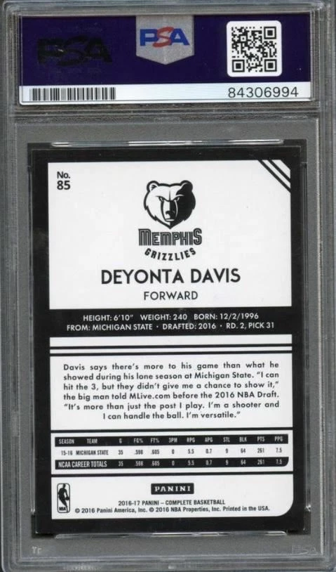 2016-17 Panini Complete #85 Deyonta Davis Signed Card AUTO PSA Slabbed RC Rookie - Image 2 of 2