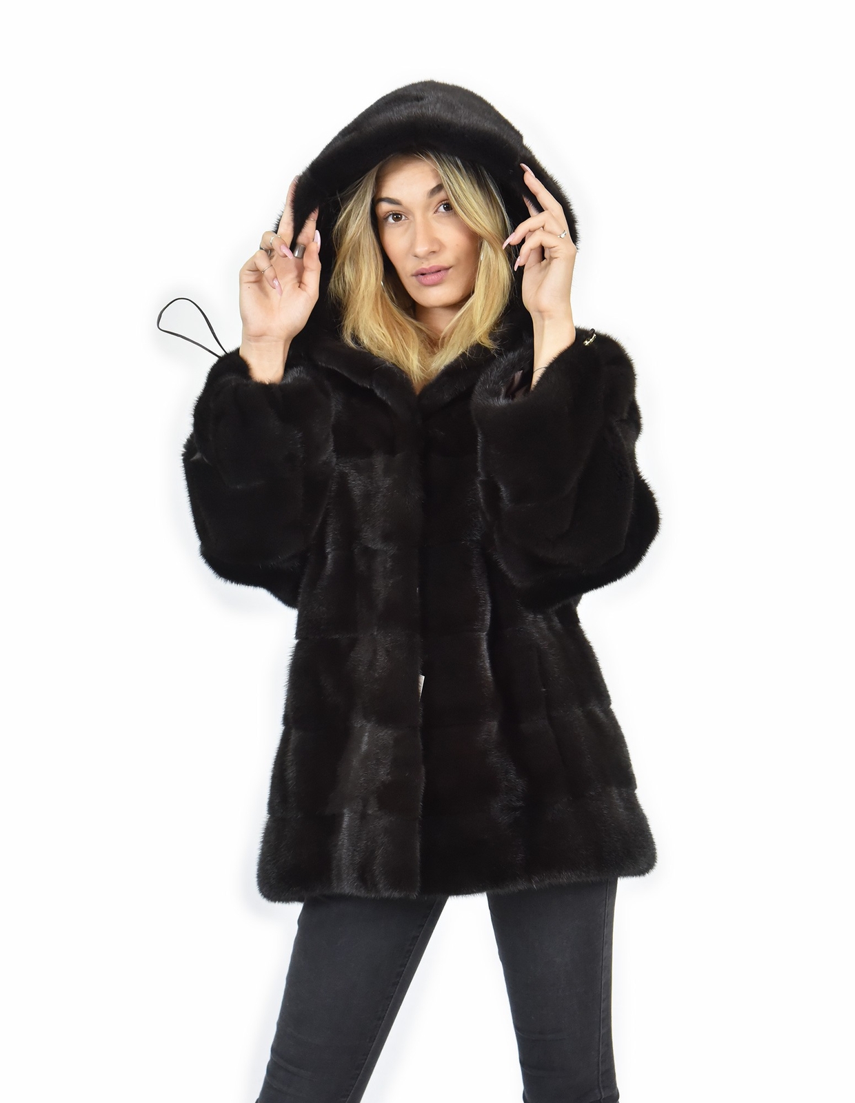 mink fur coat size 46 skin color horizontal whole aurora long sleeve hooded