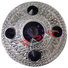 Scottish Brooch Kilt Highland Fly Plaid Celtic 5 Purple Stone's Silver Finish 4"