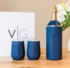 NEW! VINGLACE  Wine Chiller 3 pc Gift Set W/2 Glass Stemless Wine Tumblers/NAVY