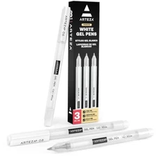 Arteza White Gel Pens, Pack Of 3, White Rollerball Pens For Artists, Ideal For D