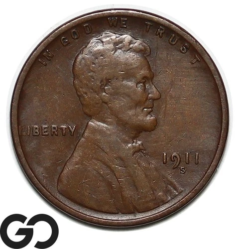 1911-S Lincoln Cent Wheat Penny, XF Bids: 55