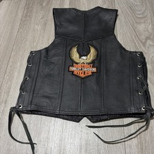 Harley Davidson Patch Leather Black Biker Cycles Riding Vest Youth Size M
