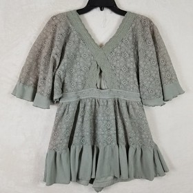 MABLE Sage Green Lace Romper V-Neck Flutter Sleeve Smocked Waist MR4047A-BU L