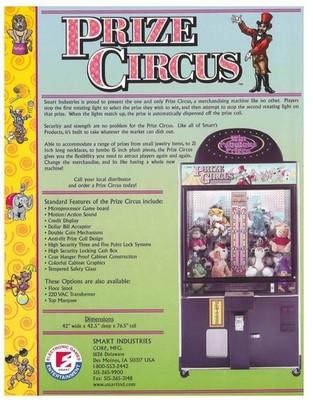 Prize Circus Smart Industries Vending Arcade FLYER Brochure Ad Hard to Find
