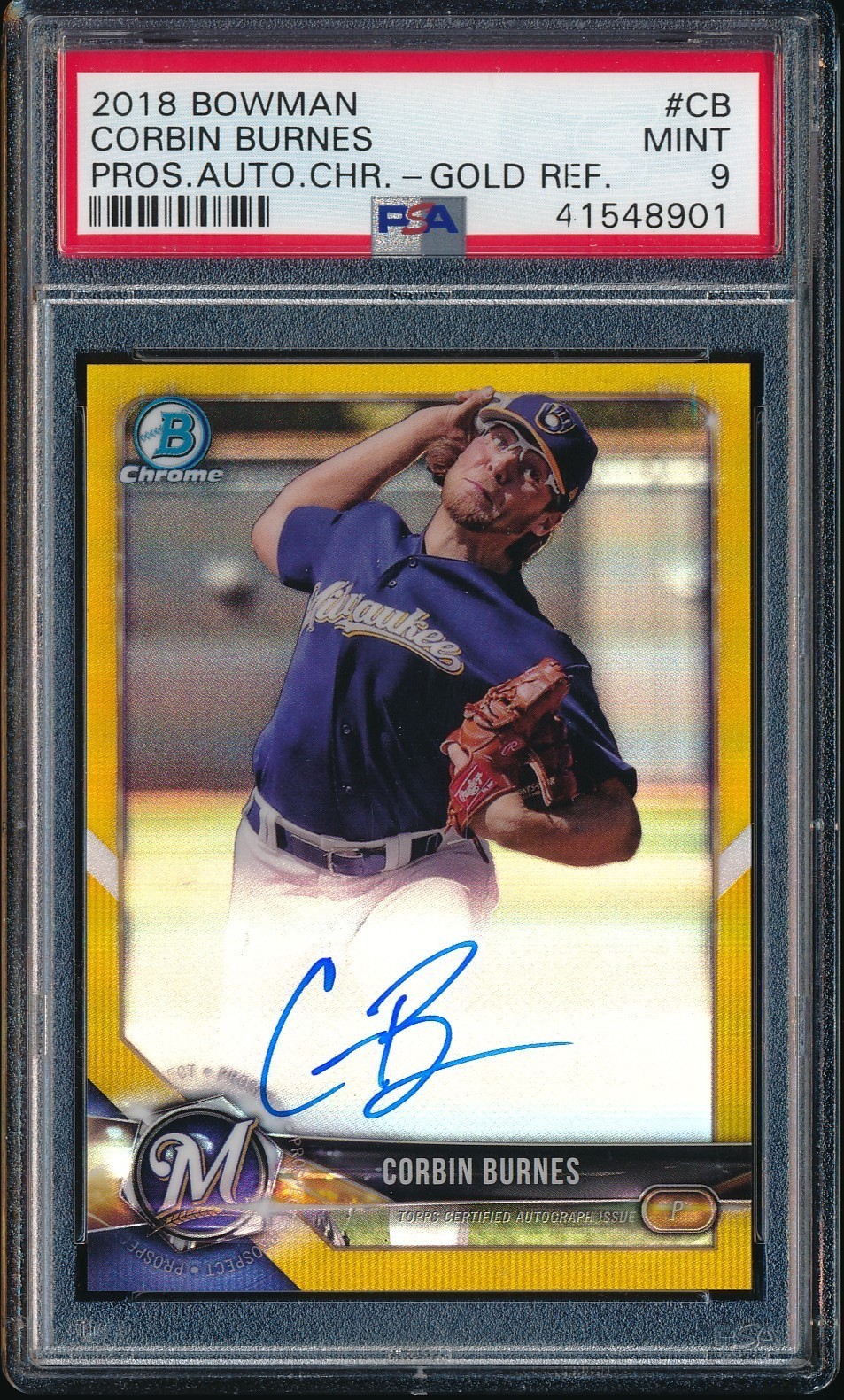 2018 BOWMAN CHROME CORBIN BURNES GOLD REFRACTOR REF AUTO AUTOGRAPH 26/50 PSA 9