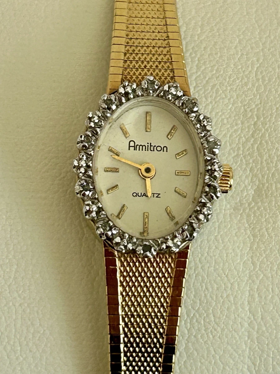 VTG ARMITRON LADIES QUARTS GOLD TONE OVAL DIAMOND ACCENT BEZEL WATCH NEW BATTERY Sold out ❌ Vintage Armitron ladies main image 3