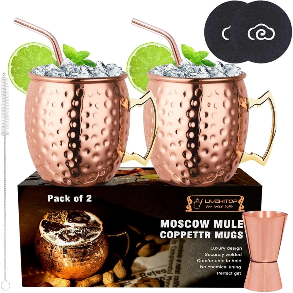 Juego de 2 tazas de cobre Moscow Mule hechas a mano, 19,5 OZ con accesorios adicionales Foto 3 de 4