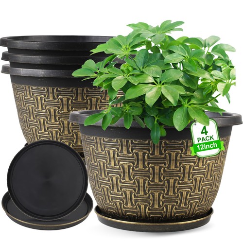 4 Pack 12 Inch Plant Pots,Plastic-Large-Plant-Flower-Planters, Indoor Outdoor...