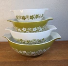 Vintage Pyrex Crazy Daisy Spring Blossom green Cinderella Nesting Bowls set of 4