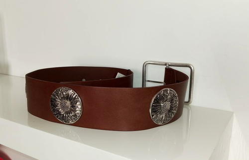 Neu ZARA 100% Echtleder breiter Taillengürtel, braun & silber Metall Blumen, 30/80, S, M