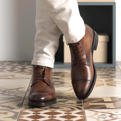 Handcrafted Tan Leather Derby Boots Cap Toe Lace-up Men's Hand-Burnished Unique