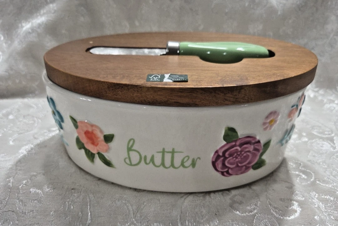 Pioneer Woman ~ PAINTED MEADOW ~ Butter Dish w/Acacia Wood Lid & Serving Knife