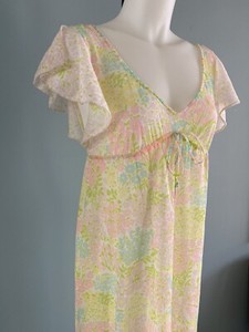 Vintage 60s 70s Silky Satin Floral Mod Ruffle Sheer Nightie Nightgown ...