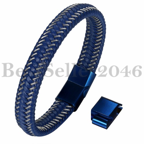 Men Blue Braided Leather Stainless Steel Magnetic Clasp Size Adjustable Bracelet - Picture 1 of 7