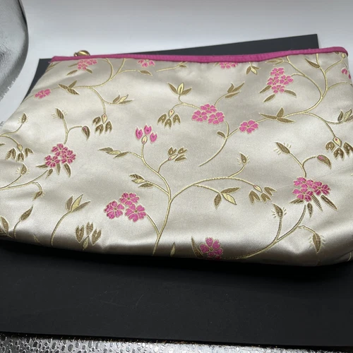 Satin Brocade Cosmetic Bag Grey Pink Gold Floral Never Used