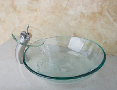 GLAS WASCHBECKEN WASCHSCHBECKEN BAD GARDEROBE + PASSENDER WASSERFALL WASSERHAHN UK