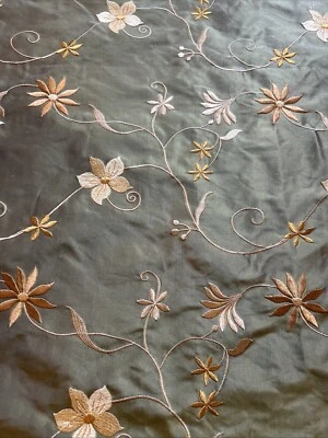 100% SILK TAFFETA EMBROIDERED DRAPERY HOME DECOR Green Sold per yd - Image 1 of 4