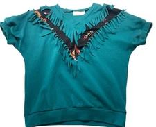 Vtg Joby Design Southwest Fleece Top Fringe Multi Color Short Sleeve Size S-M