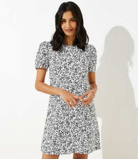 Ann Taylor Loft Ruched Sleeve Black White Floral Shift Linen Dress Size 2 Tall