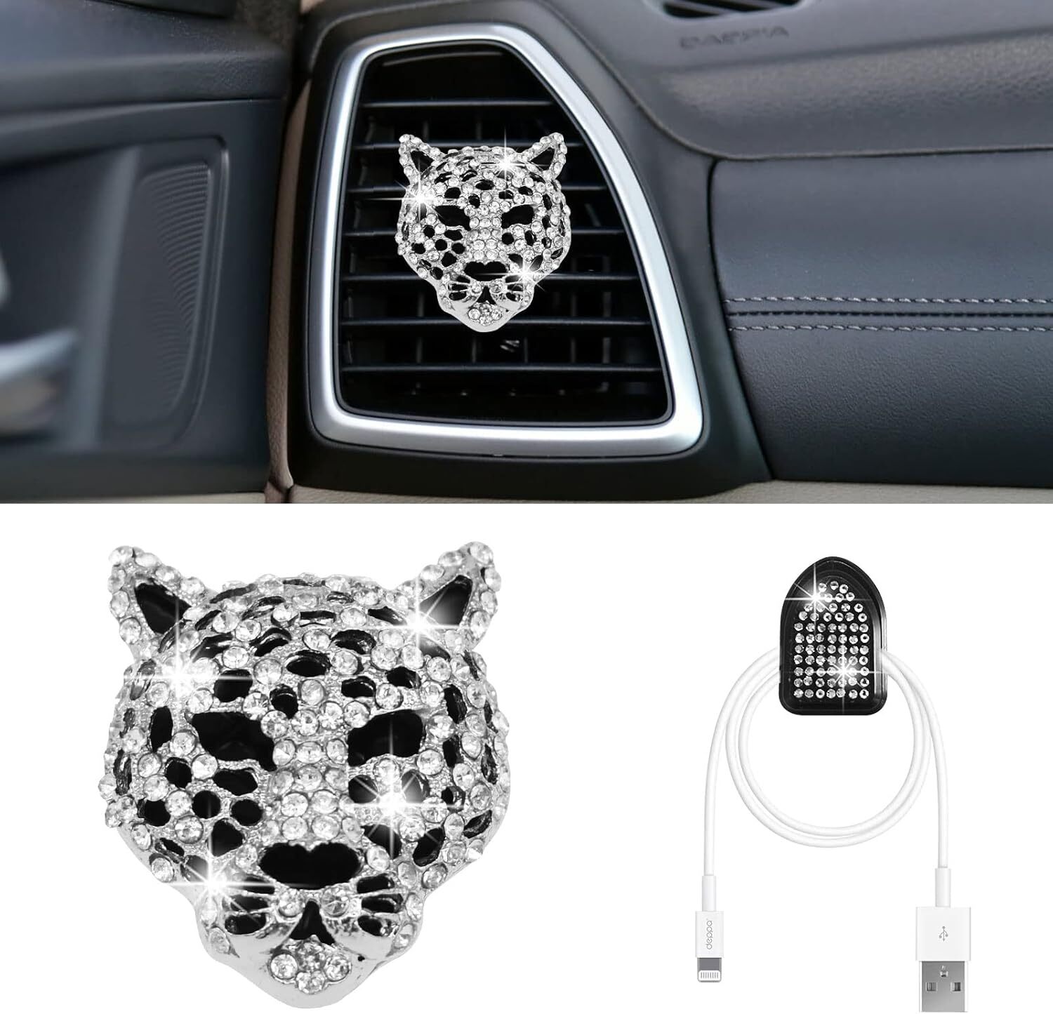 Bling Leopard Air Vent Clips, Crystal Car Fresheners Silver